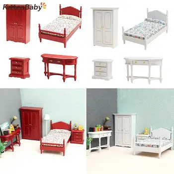 Симулация мебели модел мини дърво легло с чекмедже спалня комплект миниатюрни сцена декорация 1:12 Аксесоари за къщи за кукли