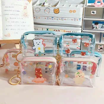 Сладък карикатура мечка прозрачна монета чанта за момичета студент пари преносим мини чанта за съхранение инс цип PVC водоустойчив портфейл