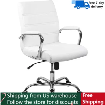 Средата на гърба бюро стол - бяла кожа мека изпълнителен въртящ офис стол с хромирана рамка - въртящ се фотьойл безплатна доставка