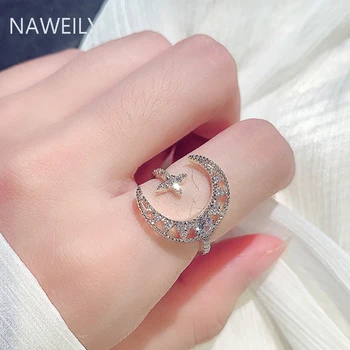 Супер красив кристал звезда луна отворен пръстен за жени мода регулируеми златни цветни пръстени бижута женски пръстени високо качество