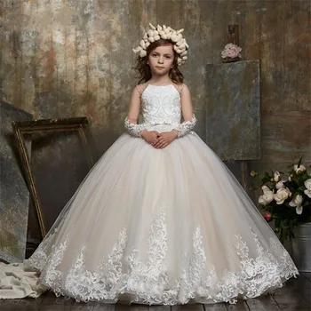 Тюл апликация Puffy дълъг ръкав мъниста цвете момиче рокля за сватба с лък принцеса дете рожден ден Светото причастие рокли