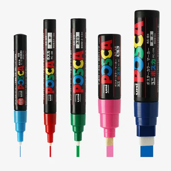 Уникален 5Pcs/set UNI Posca Paint Pen Mixed Mark 5 Размери всеки с 1 писалка PC-1M/3M/5M/8K/17K Живопис POP плакат Рекламна писалка