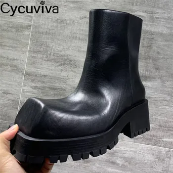 Уникални западни черни кожени ботуши Челси глезена за жени & мъже буци петата платформа мотоциклет обувка мъжки модерни къси ботуши