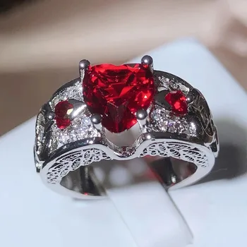 Хип-хоп дворец стил искрящ червен цирконий сърцевидна ажурна пръстени за жени 925 печат рожден ден модни бижута аксесоари