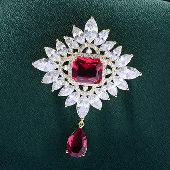 червен кристал циркон брошка щифт за жени луксозна мода бароков съд брошка бижута подарък