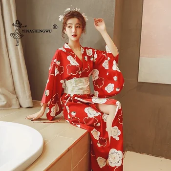 Червена кимоно рокля за жени, традиционен принт юката, палто в японски национален стил, секси азиатско облекло, косплей костюми