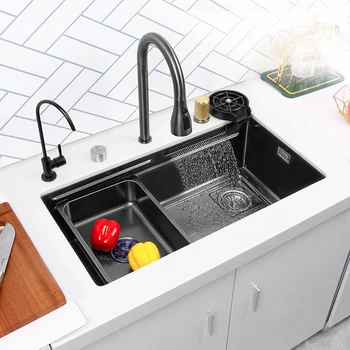 Черен водопад мивка под брояч кухненска мивка единична купа мивка от неръждаема стомана комплект работна станция мивка с кошница филтър канализация