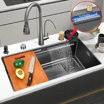 Черна нано кухненска мивка 304 неръждаема стомана водопад мивка басейн голяма единична купа с многофункционален докосване водопад кранче